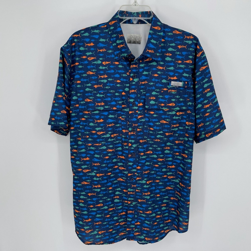 Ocean Coast Men's Navy Blue Fish Print Fishing Button Up Shirt Size Large